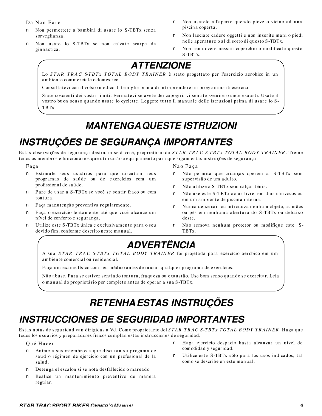 Star Trac S-TBTX manual Attenzione, Advertência 