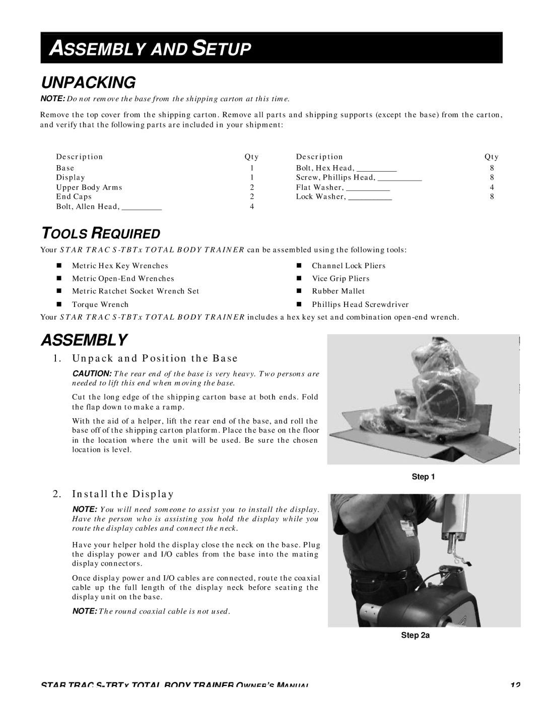 Star Trac S-TBTX manual Assembly and Setup, Unpacking, Tools Required, Description Qty 