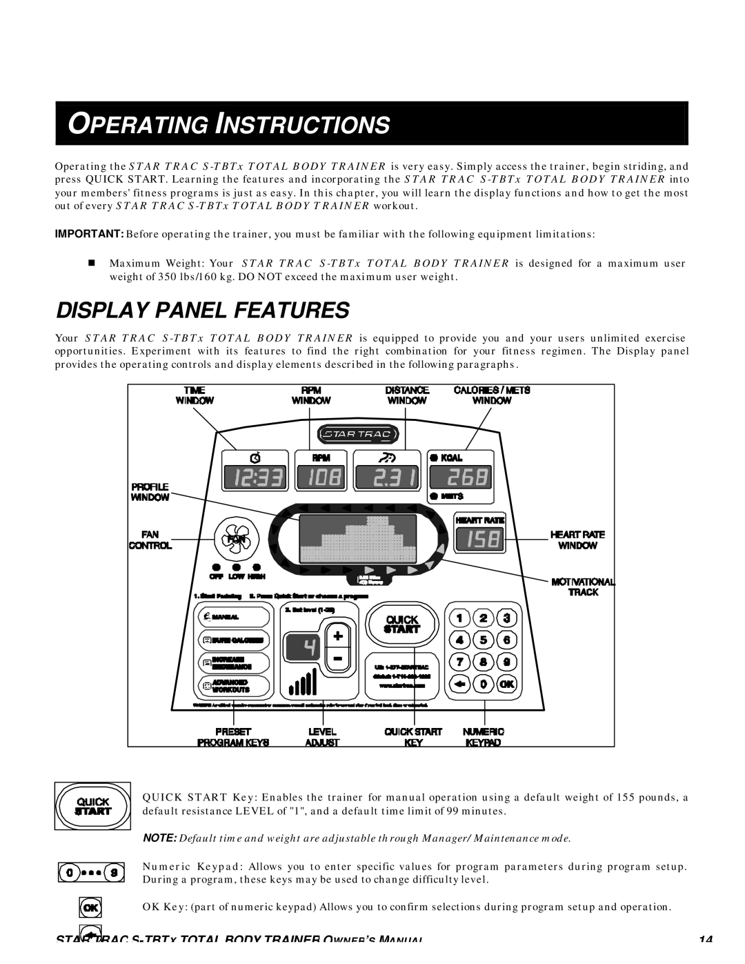 Star Trac S-TBTX manual Operating Instructions, Display Panel Features 