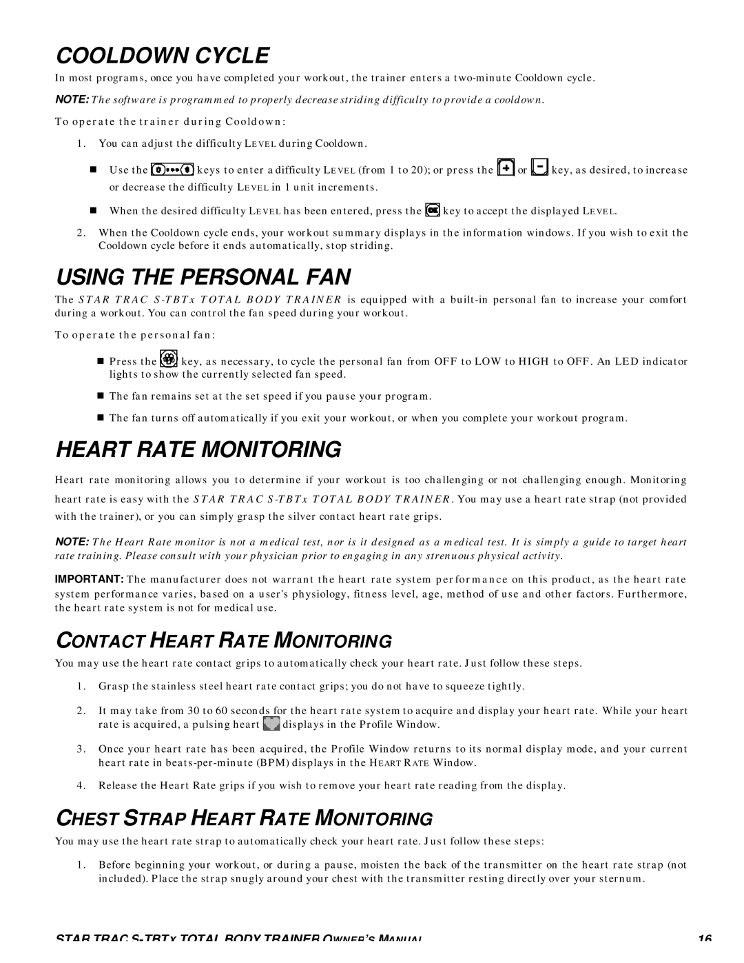 Star Trac S-TBTX manual Cooldown Cycle, Using the Personal FAN, Contact Heart Rate Monitoring 