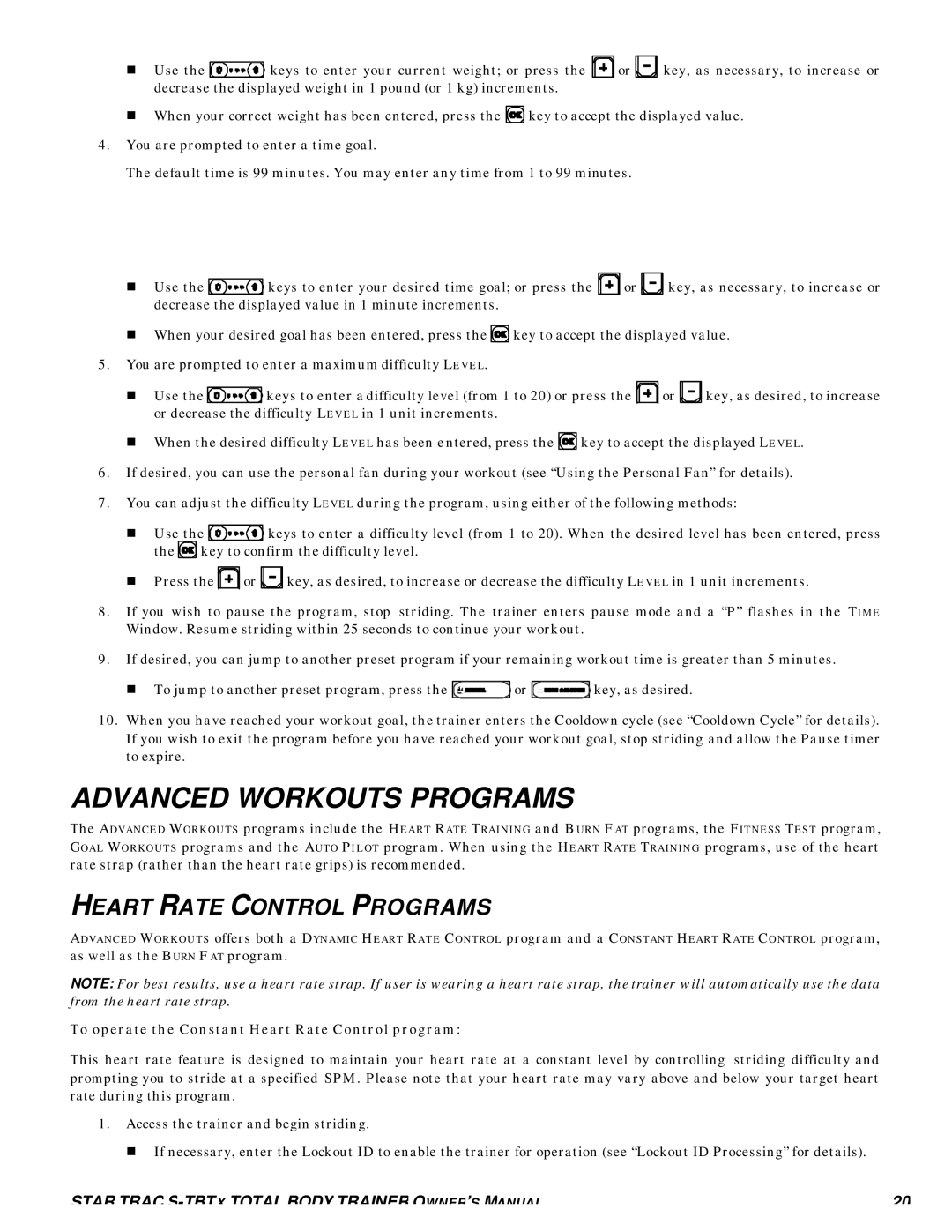 Star Trac S-TBTX manual Advanced Workouts Programs, Heart Rate Control Programs 