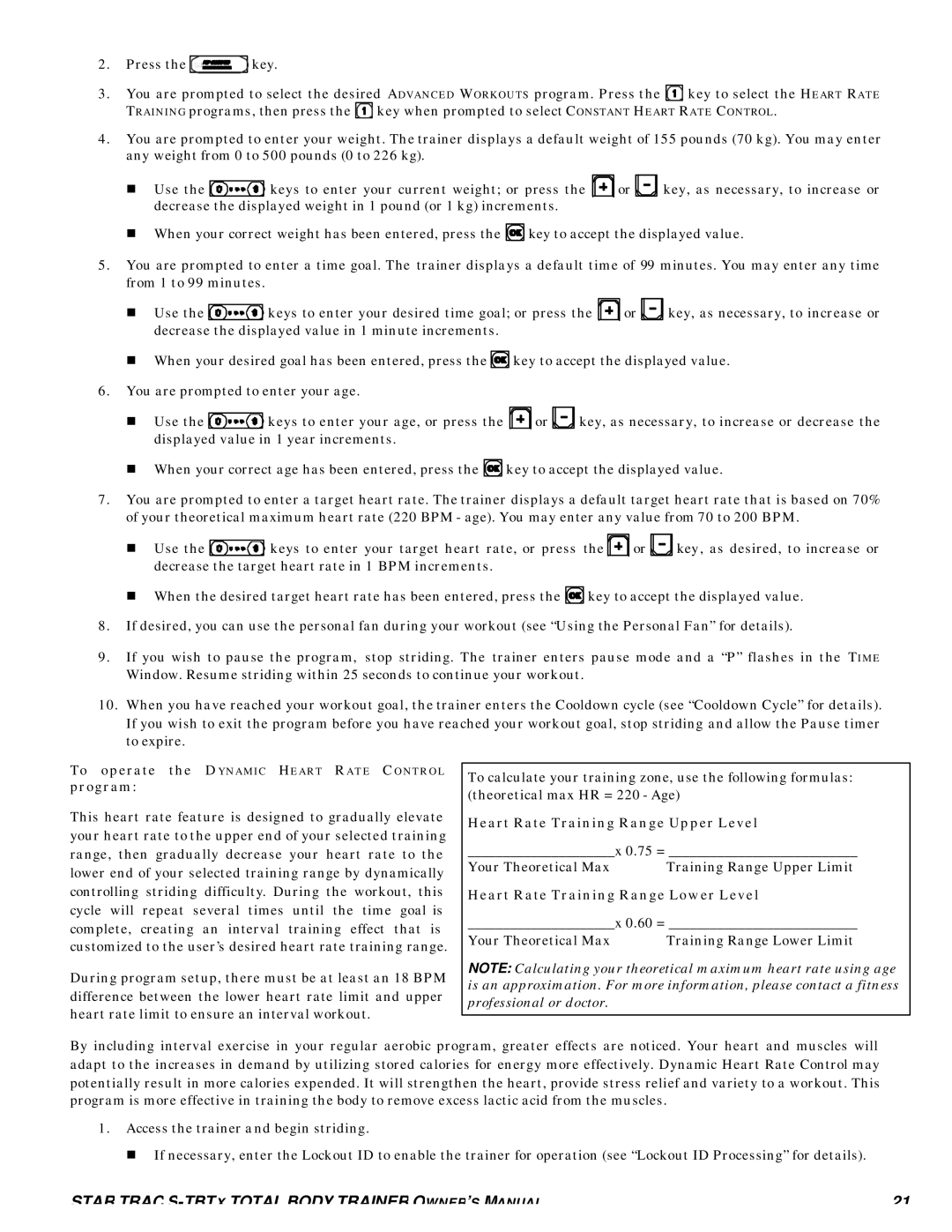 Star Trac S-TBTX manual Program, Heart Rate Training Range Upper Level, Heart Rate Training Range Lower Level 