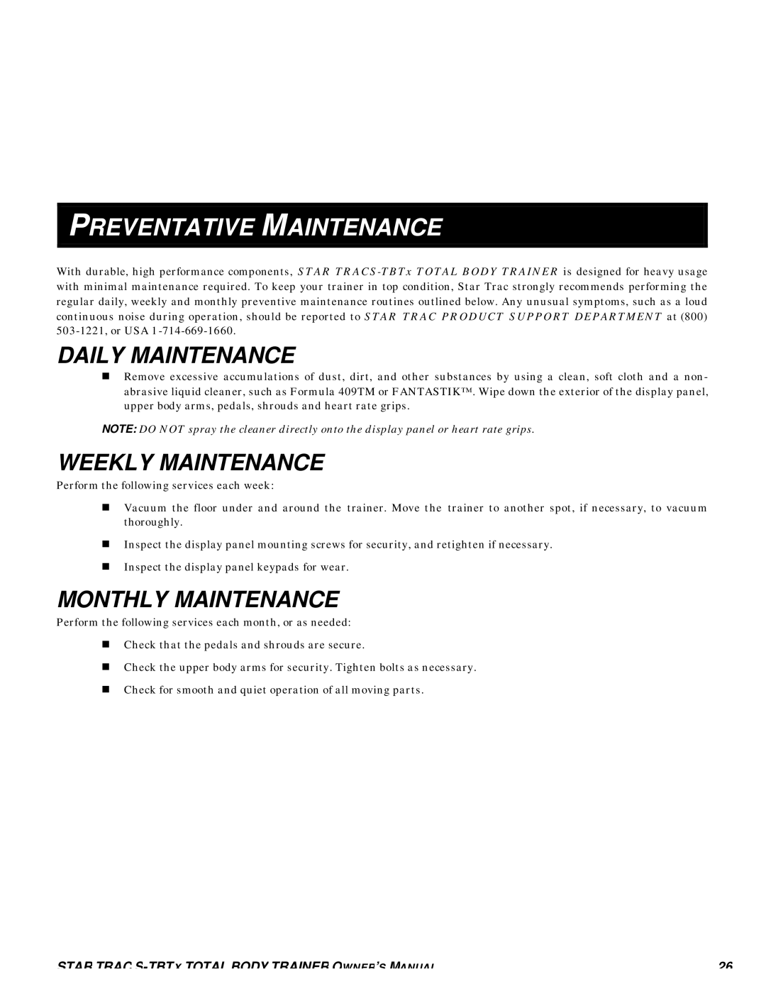 Star Trac S-TBTX manual Preventative Maintenance, Daily Maintenance, Weekly Maintenance, Monthly Maintenance 