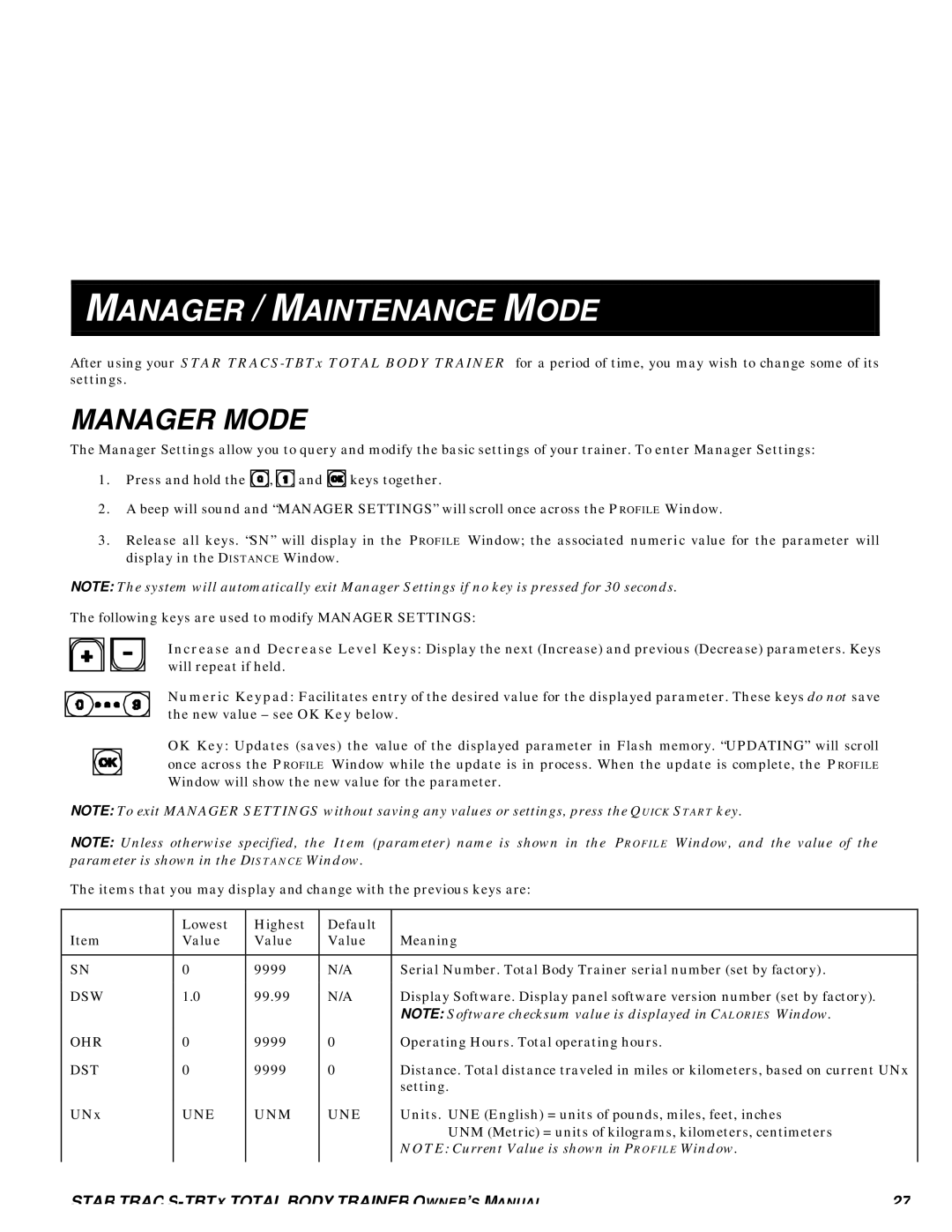 Star Trac S-TBTX manual Manager / Maintenance Mode, Manager Mode 