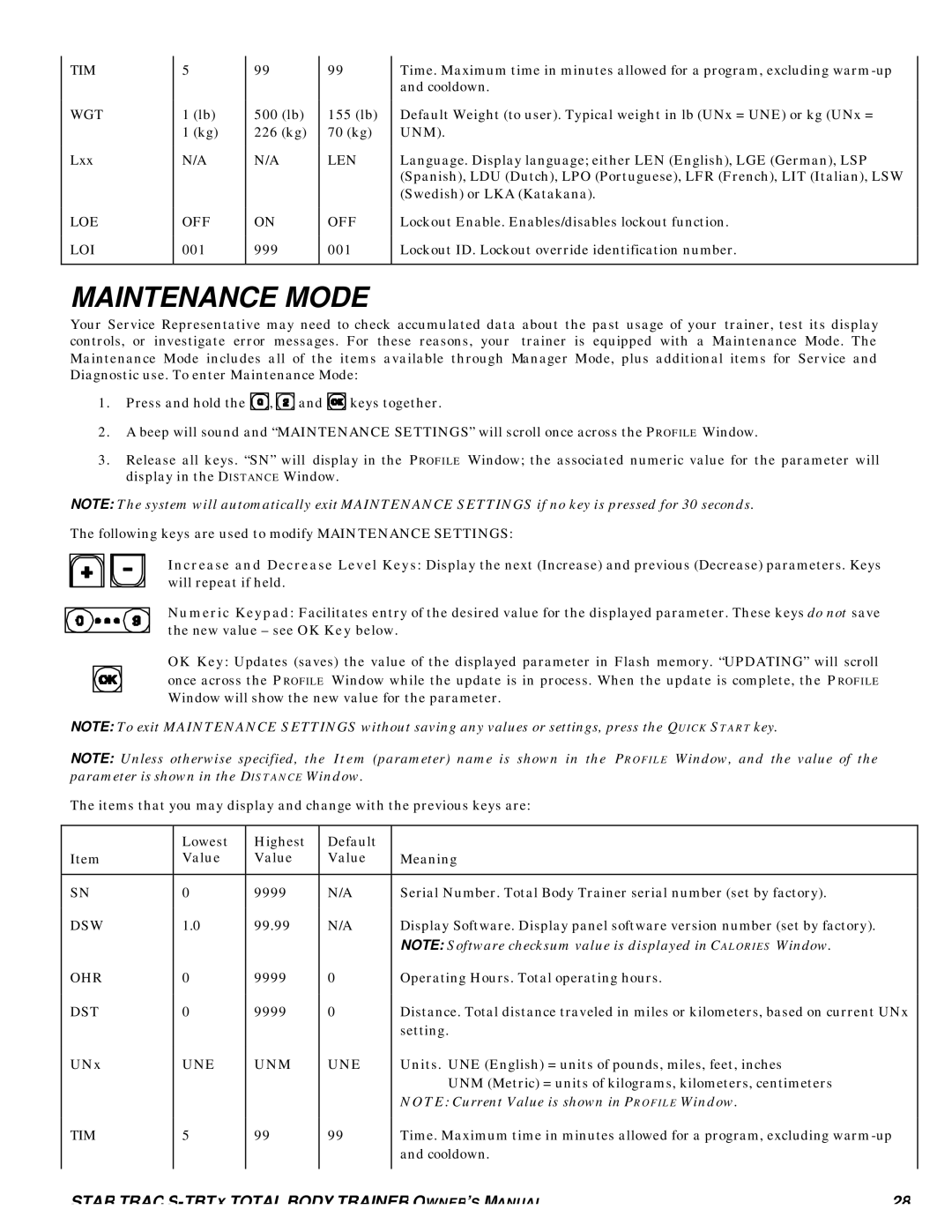 Star Trac S-TBTX manual Maintenance Mode, Tim 