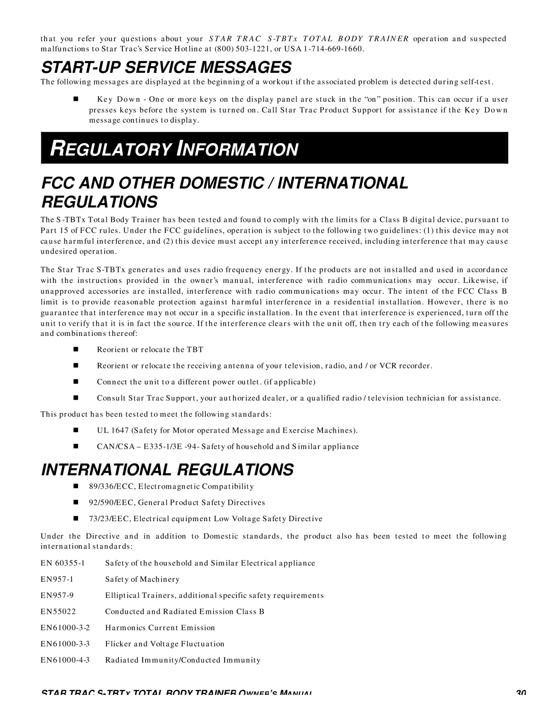 Star Trac S-TBTX Regulatory Information, START-UP Service Messages, FCC and Other Domestic / International Regulations 