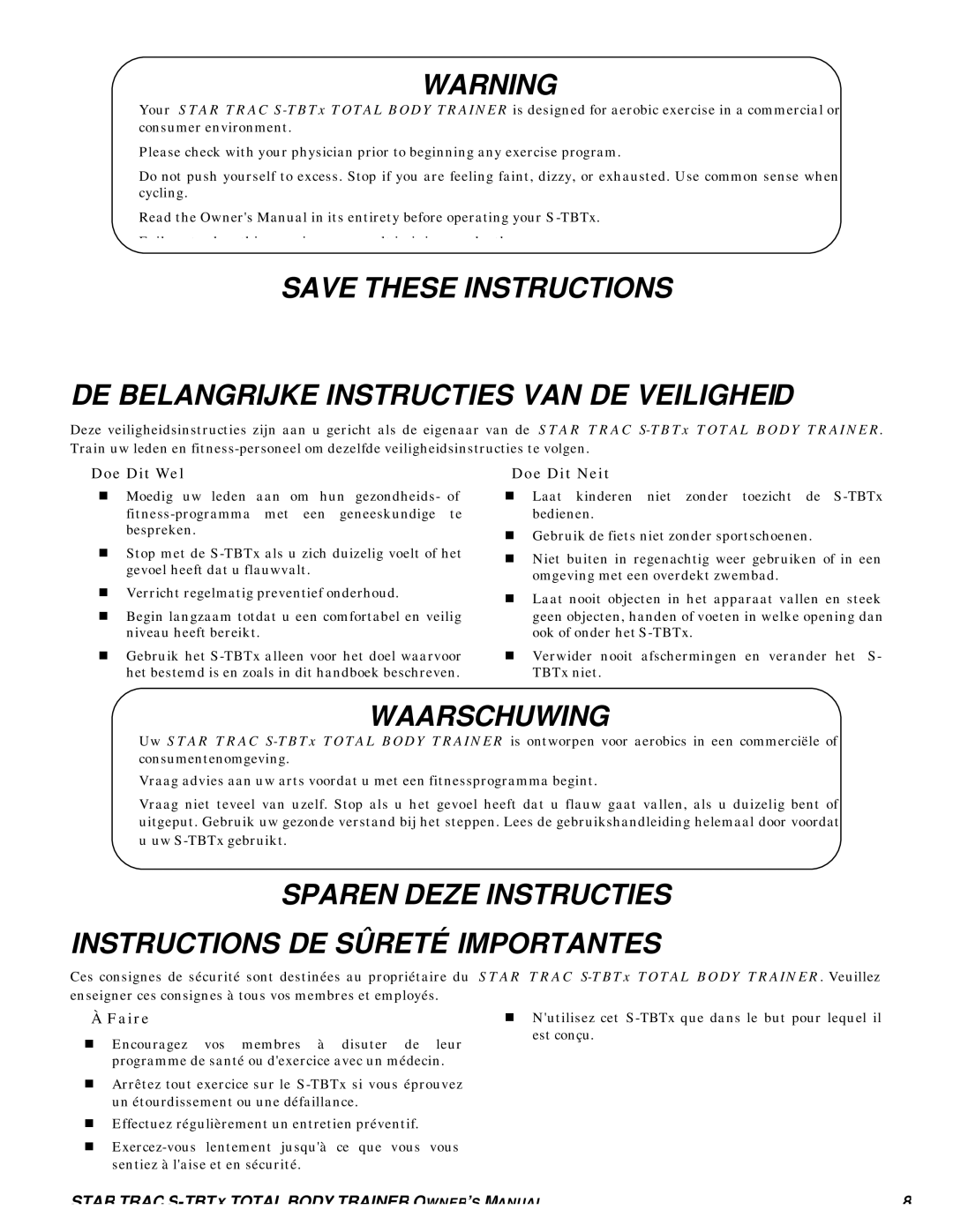 Star Trac S-TBTX manual DE Belangrijke Instructies VAN DE Veiligheid, Waarschuwing 