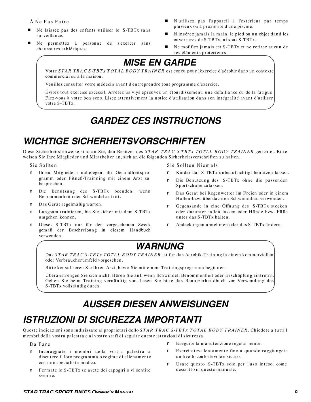 Star Trac S-TBTX manual Mise EN Garde, Gardez CES Instructions Wichtige Sicherheitsvorschriften, Warnung 