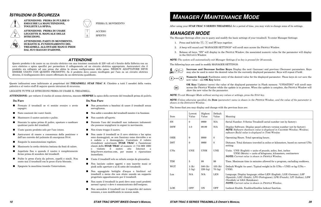 Star Trac S-TRX, S-TRC manual Manager / Maintenance Mode, Manager Mode, Istruzioni DI Sicurezza, Attenzione 