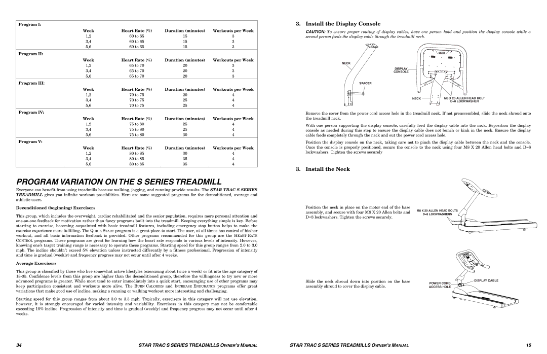 Star Trac S-TRX, S-TRC manual Program Variation on the S Series Treadmill, Install the Display Console, Install the Neck 