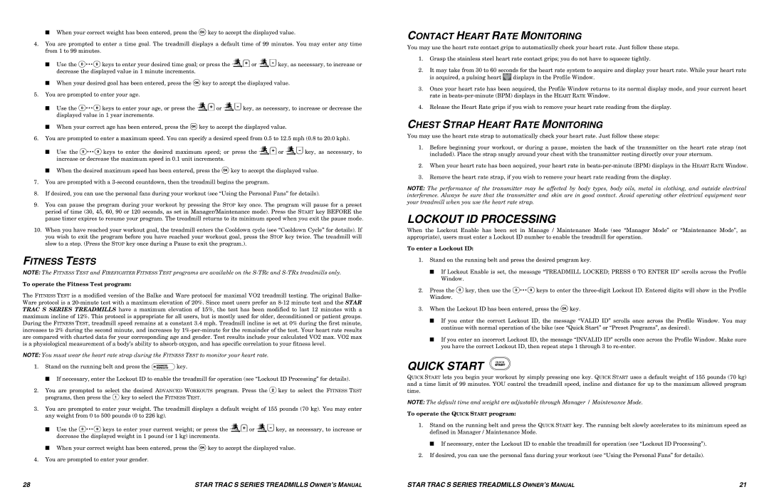 Star Trac S-TRX, S-TRC manual Lockout ID Processing, Quick Start, Fitness Tests, Contact Heart Rate Monitoring 