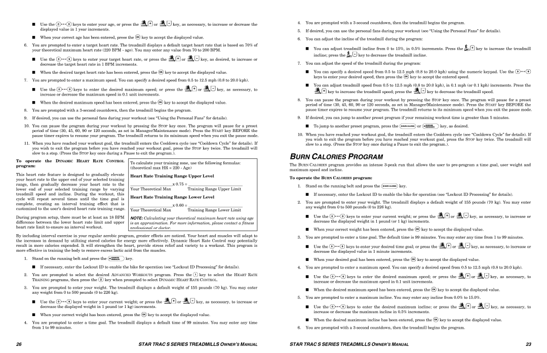 Star Trac S-TRC, S-TRX Burn Calories Program, Heart Rate Training Range Upper Level, Heart Rate Training Range Lower Level 