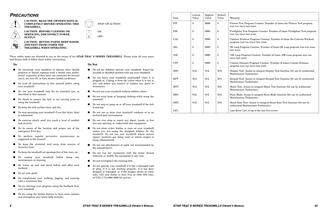 Star Trac S-TRX, S-TRC manual Precautions, Do Not 