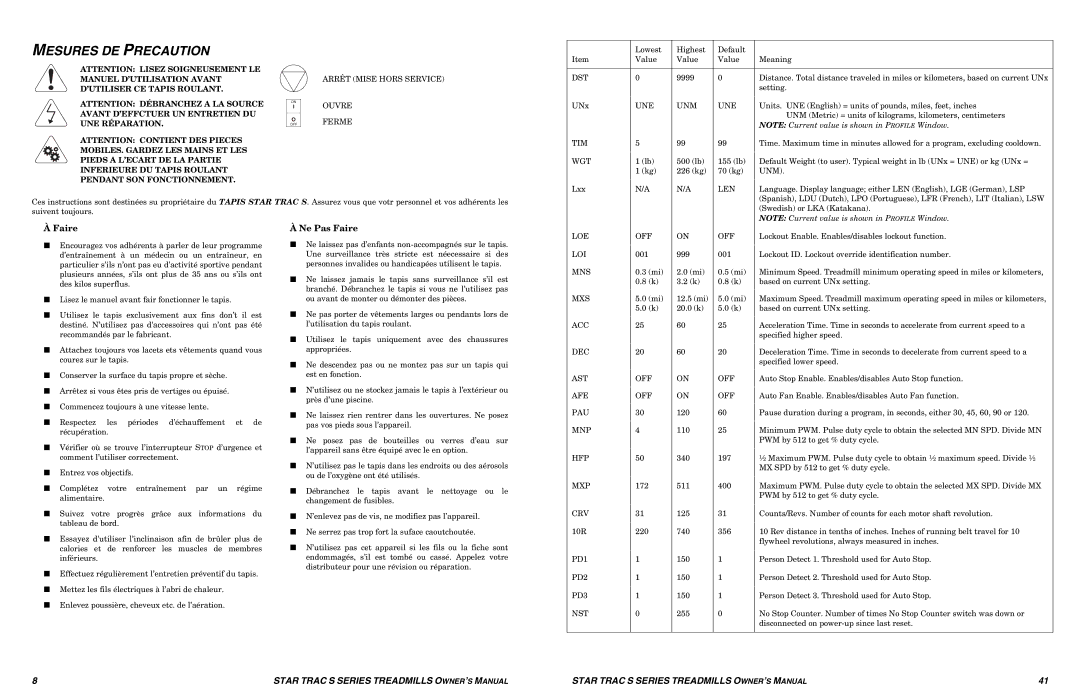 Star Trac S-TRC, S-TRX manual Mesures DE Precaution, Ne Pas Faire 