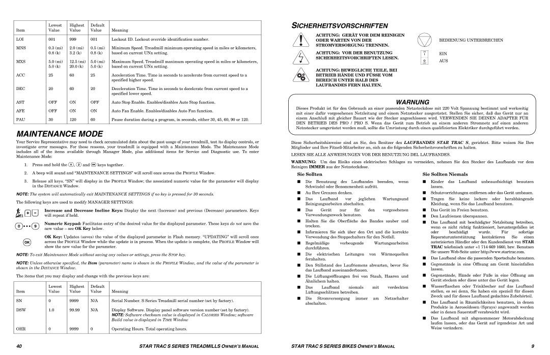 Star Trac S-TRX, S-TRC manual Maintenance Mode, Sicherheitsvorschriften, Warnung, Sie Sollten Niemals 