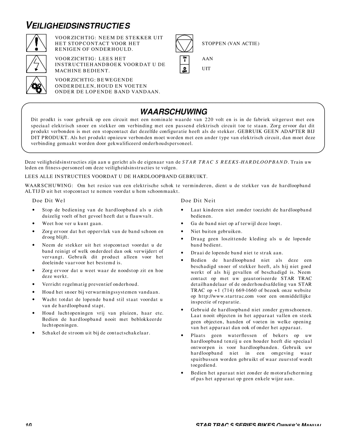 Star Trac S-TRX, S-TRC manual Veiligheidsinstructies, Waarschuwing, Doe Dit Wel, Doe Dit Neit 