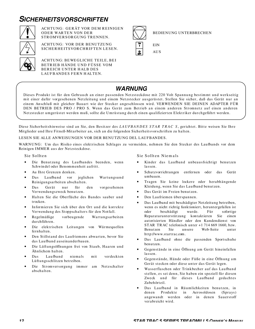 Star Trac S-TRX, S-TRC manual Sicherheitsvorschriften, Warnung, Sie Sollten Niemals 