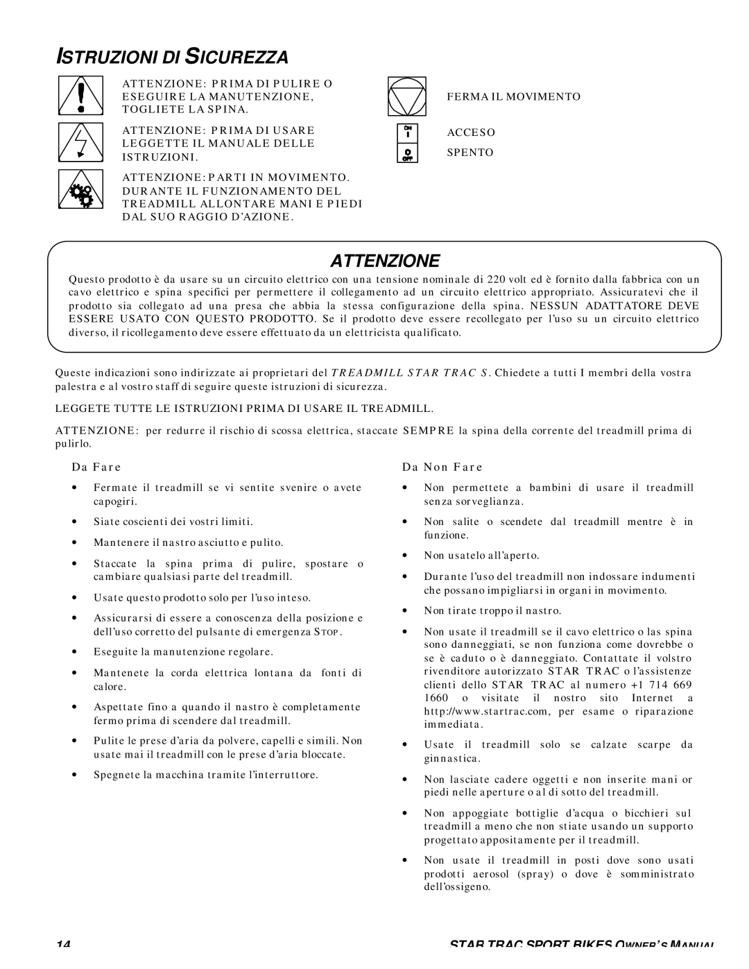 Star Trac S-TRX, S-TRC manual Istruzioni DI Sicurezza, Attenzione, Da Fare, Da Non Fare 