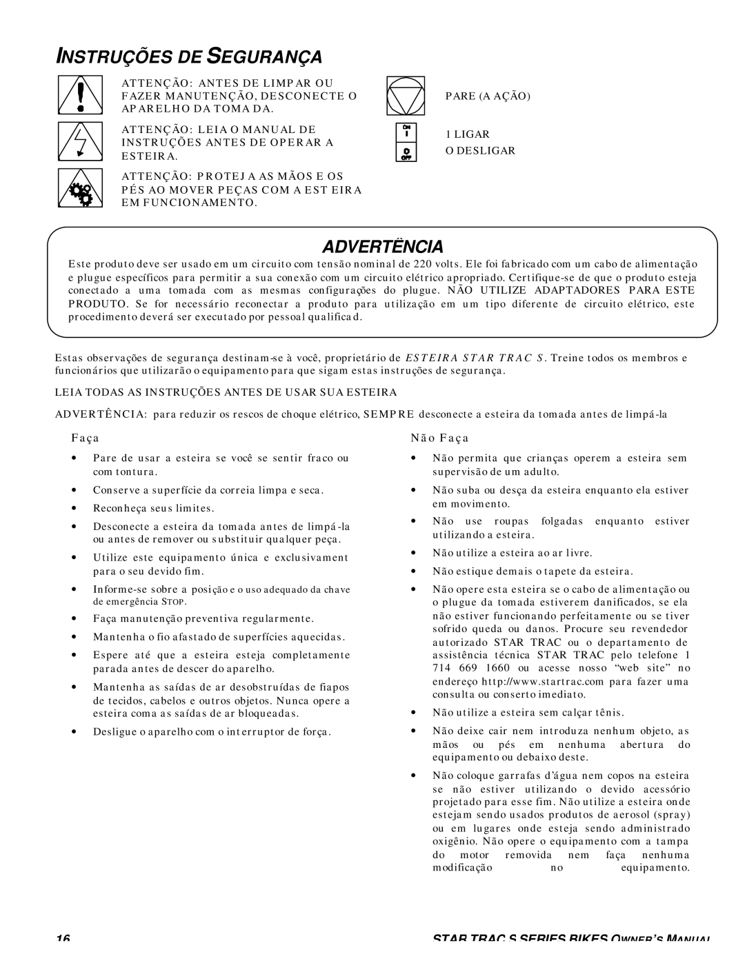 Star Trac S-TRX, S-TRC manual Instruções DE Segurança, Advertência, Não Faça 