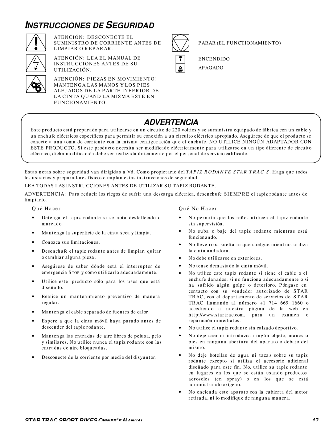 Star Trac S-TRC, S-TRX manual Instrucciones DE Seguridad, Advertencia, Qué Hacer, Qué No Hacer 