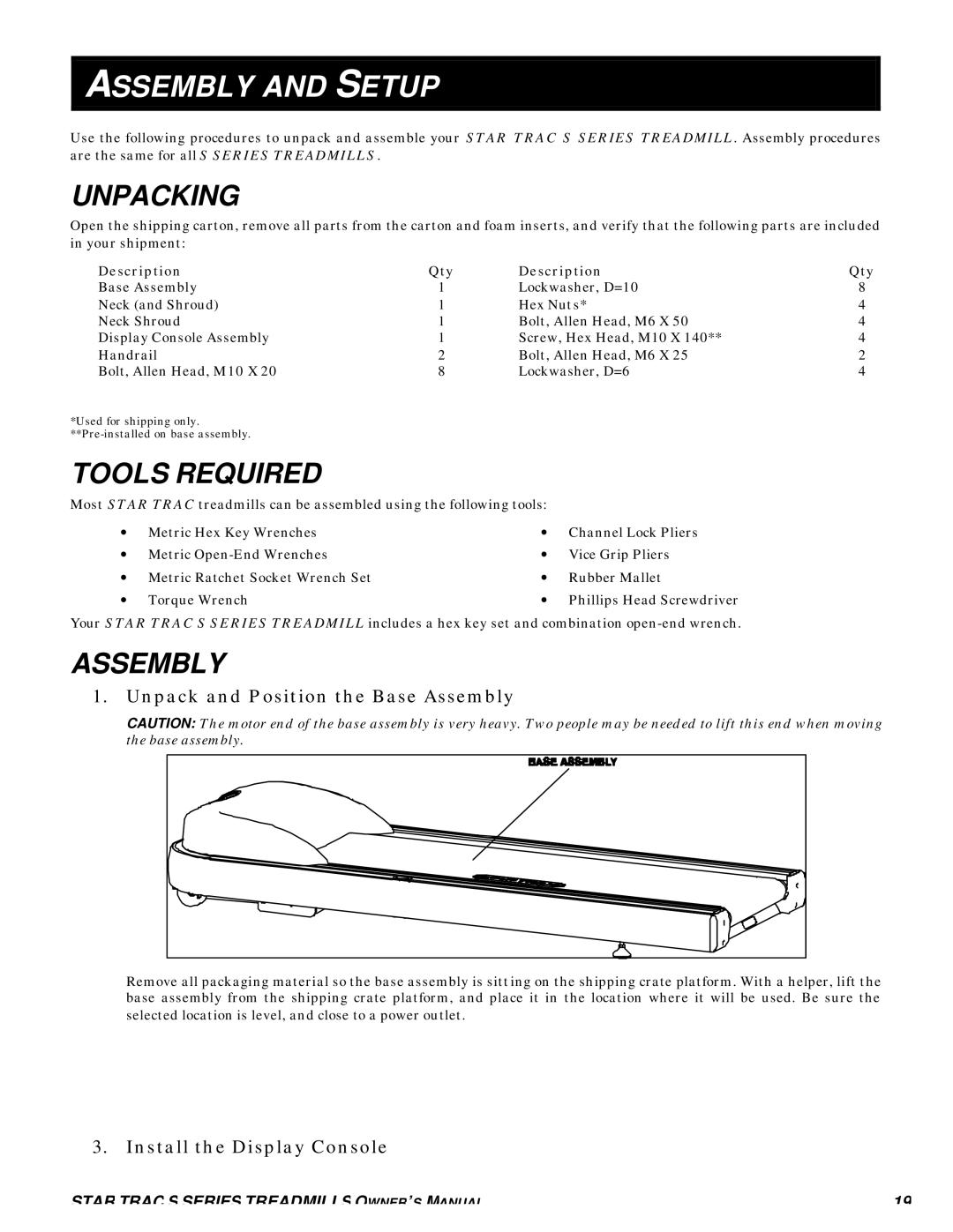 Star Trac S-TRC, S-TRX manual Assembly and Setup, Unpacking, Tools Required, Description Qty 