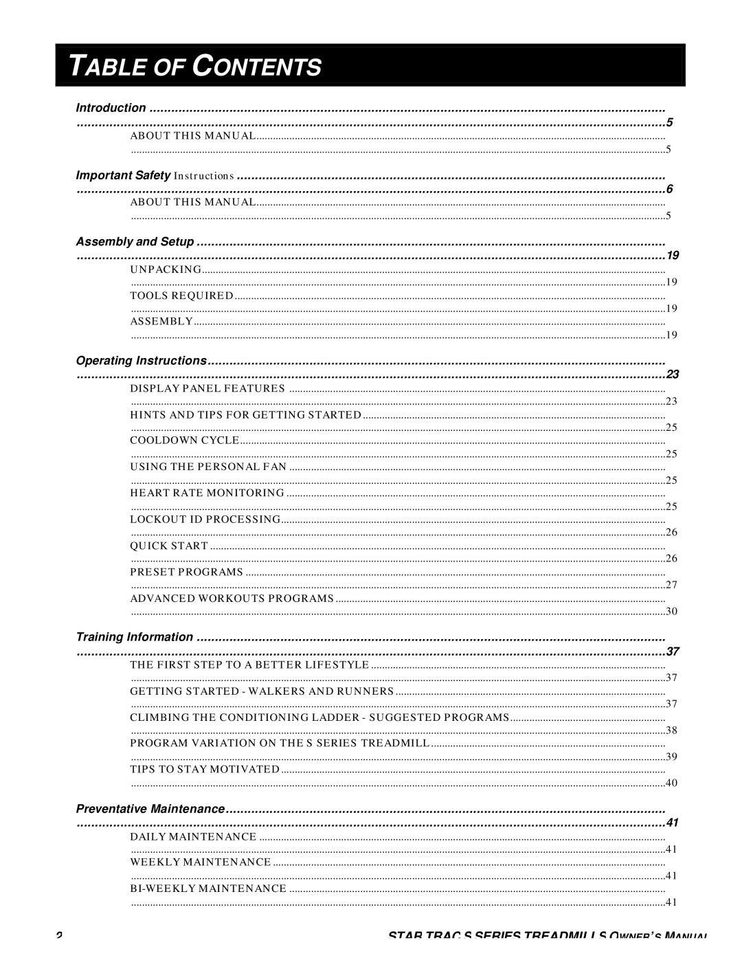 Star Trac S-TRX, S-TRC manual Table of Contents 