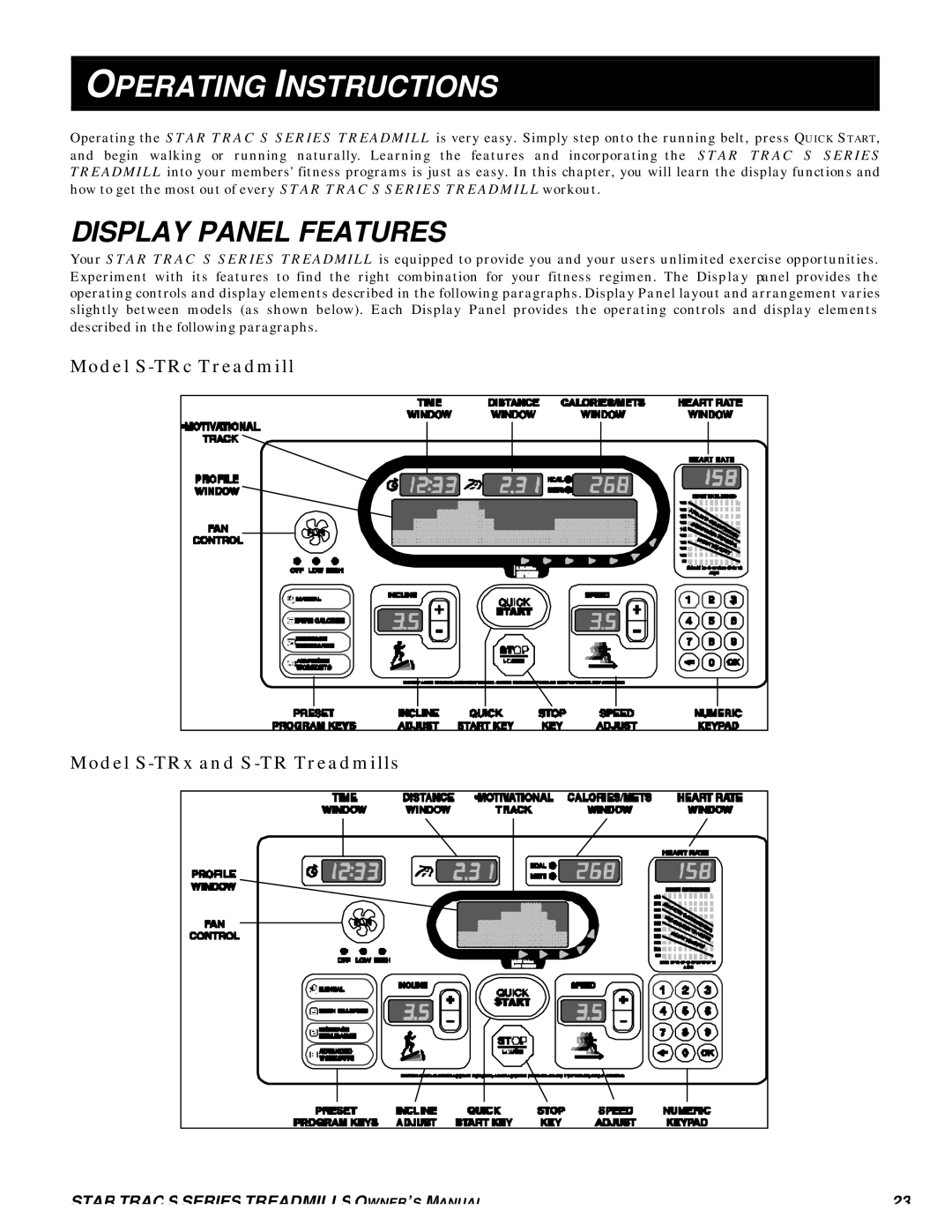 Star Trac S-TRC, S-TRX manual Operating Instructions, Display Panel Features 