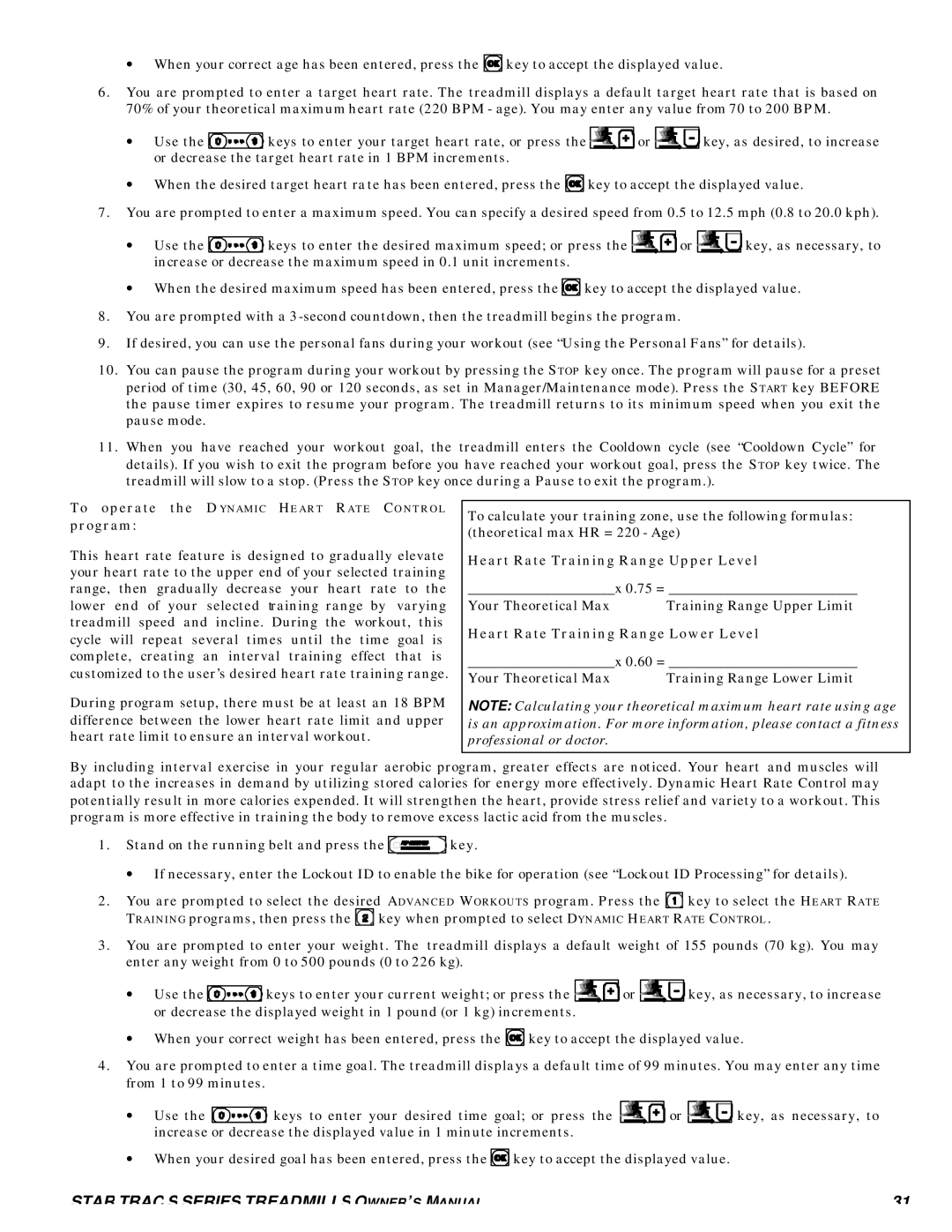 Star Trac S-TRC, S-TRX manual Program, Heart Rate Training Range Upper Level, Heart Rate Training Range Lower Level 