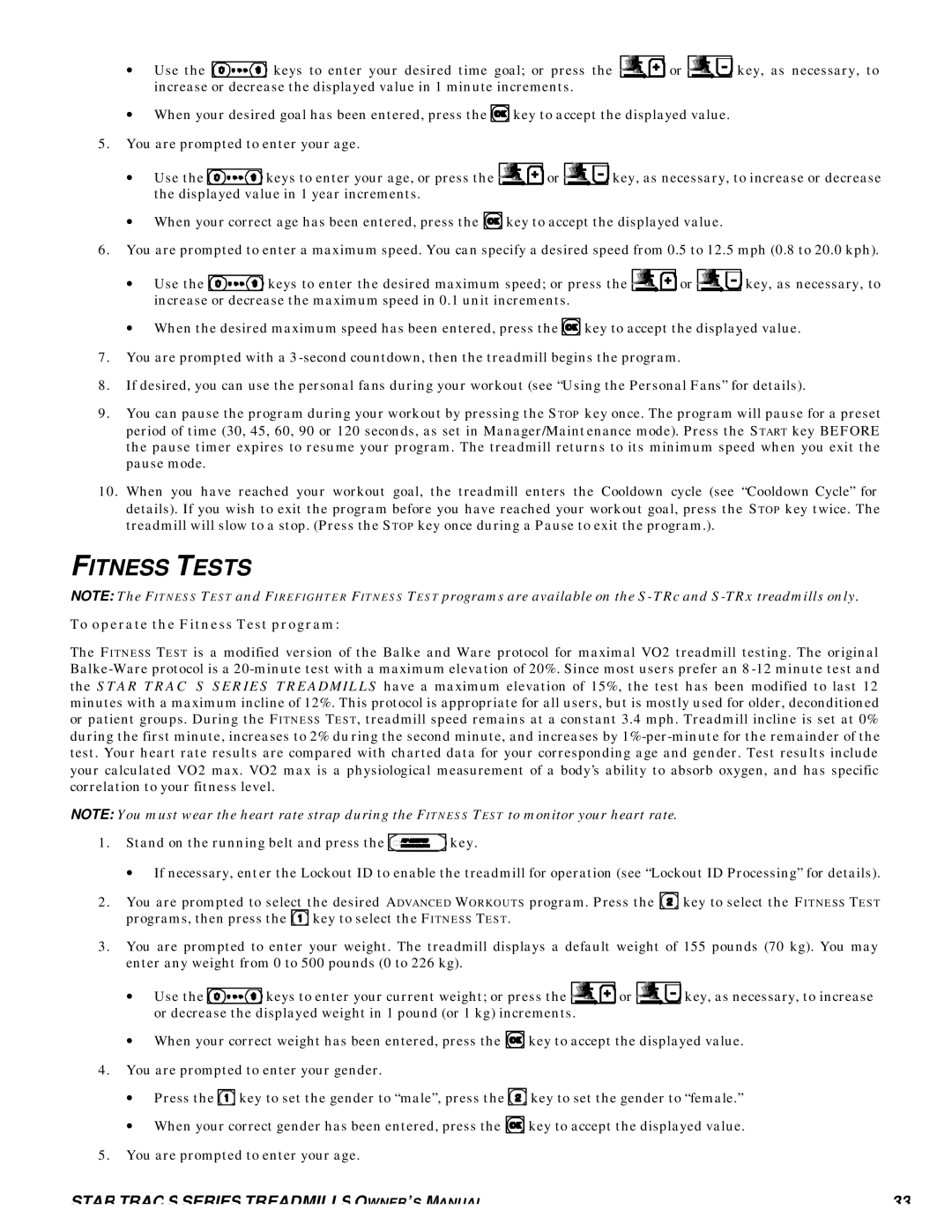 Star Trac S-TRC, S-TRX manual Fitness Tests, To operate the Fitness Test program 