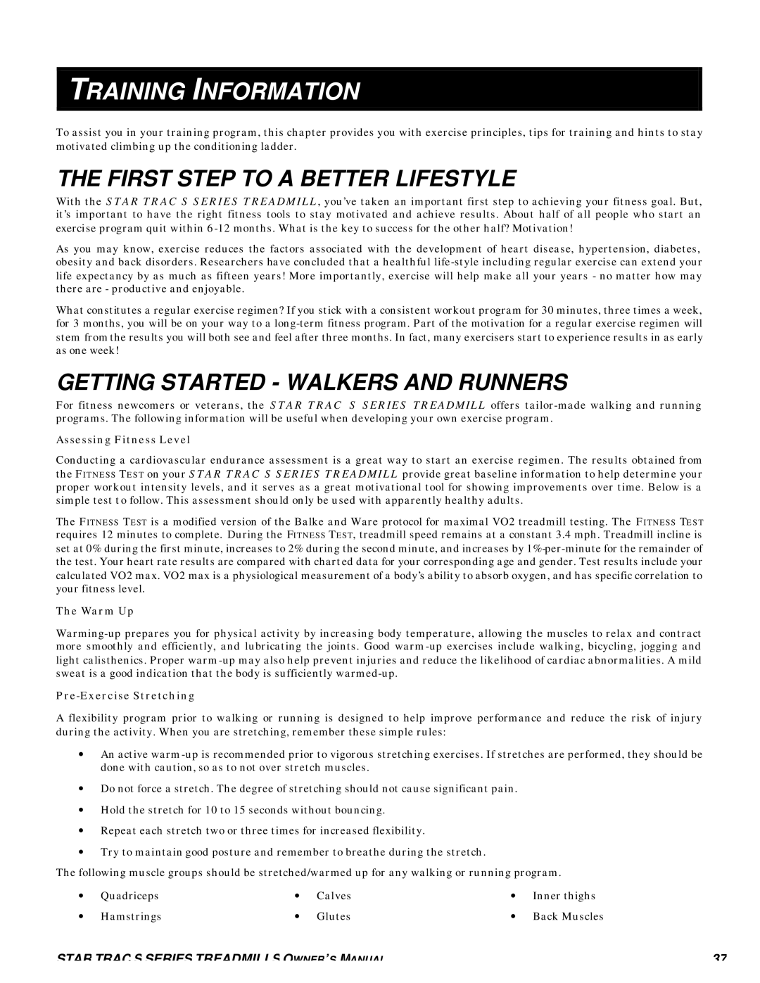 Star Trac S-TRC, S-TRX manual Training Information, First Step to a Better Lifestyle, Getting Started Walkers and Runners 