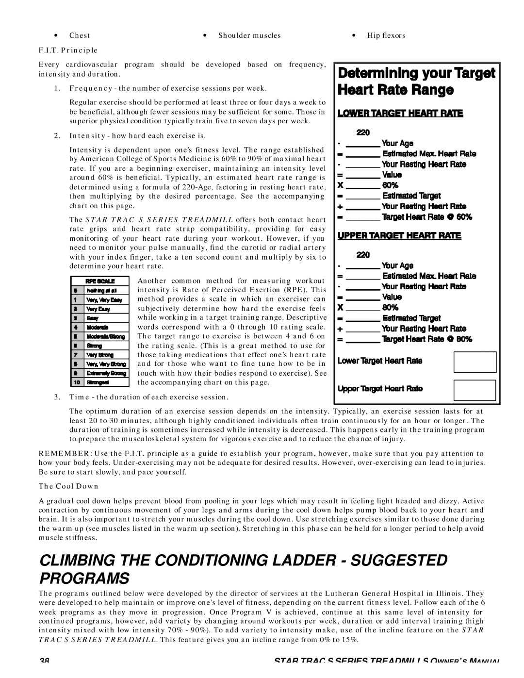 Star Trac S-TRX, S-TRC manual Climbing the Conditioning Ladder Suggested Programs, T. Principle, Cool Down 