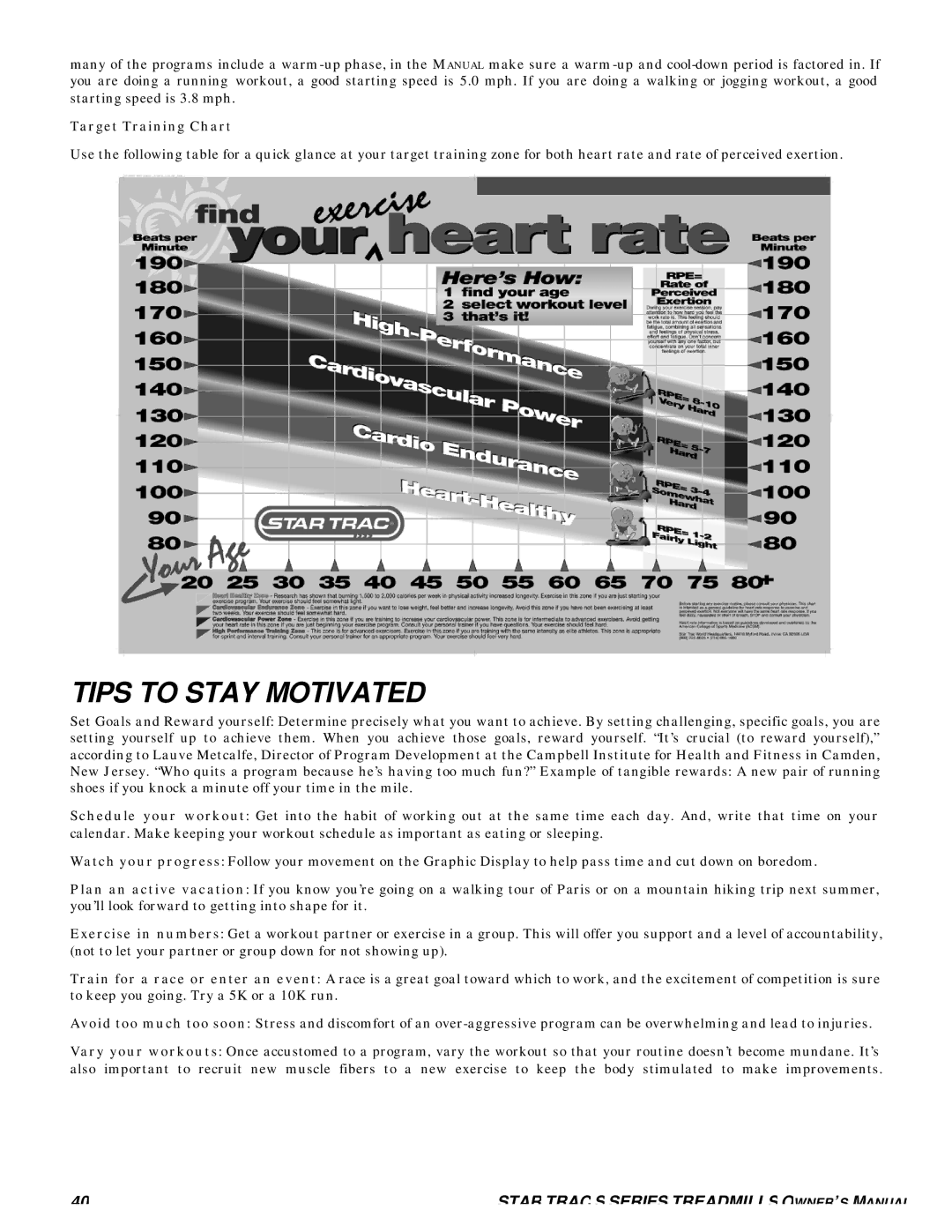 Star Trac S-TRX, S-TRC manual Tips to Stay Motivated, Target Training Chart 