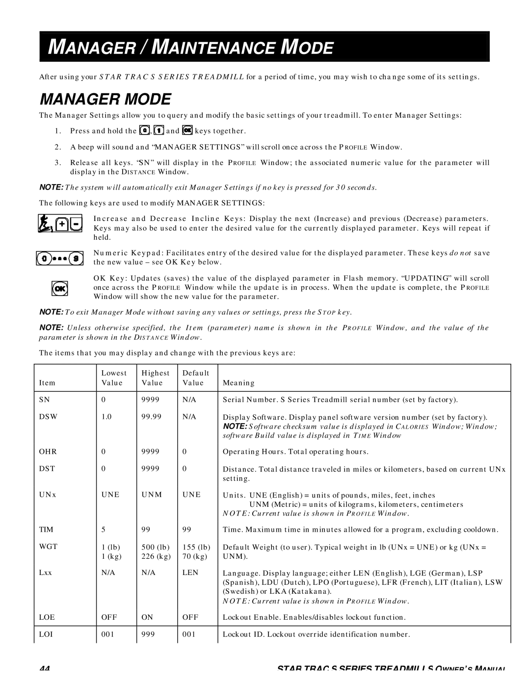 Star Trac S-TRX, S-TRC manual Manager / Maintenance Mode, Manager Mode 