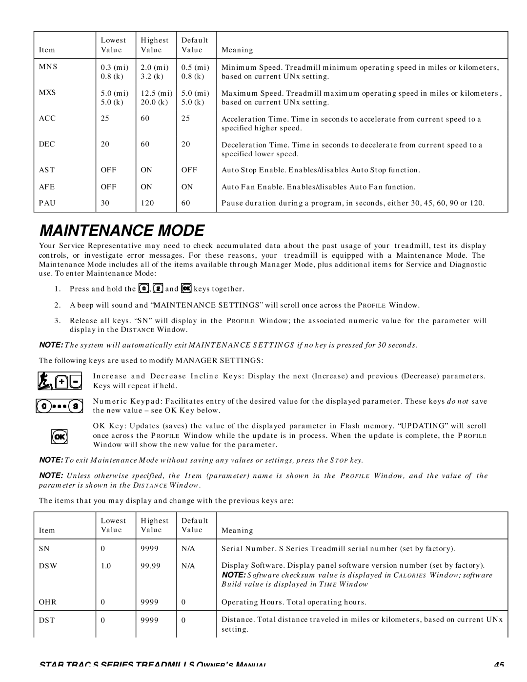 Star Trac S-TRC, S-TRX manual Maintenance Mode 