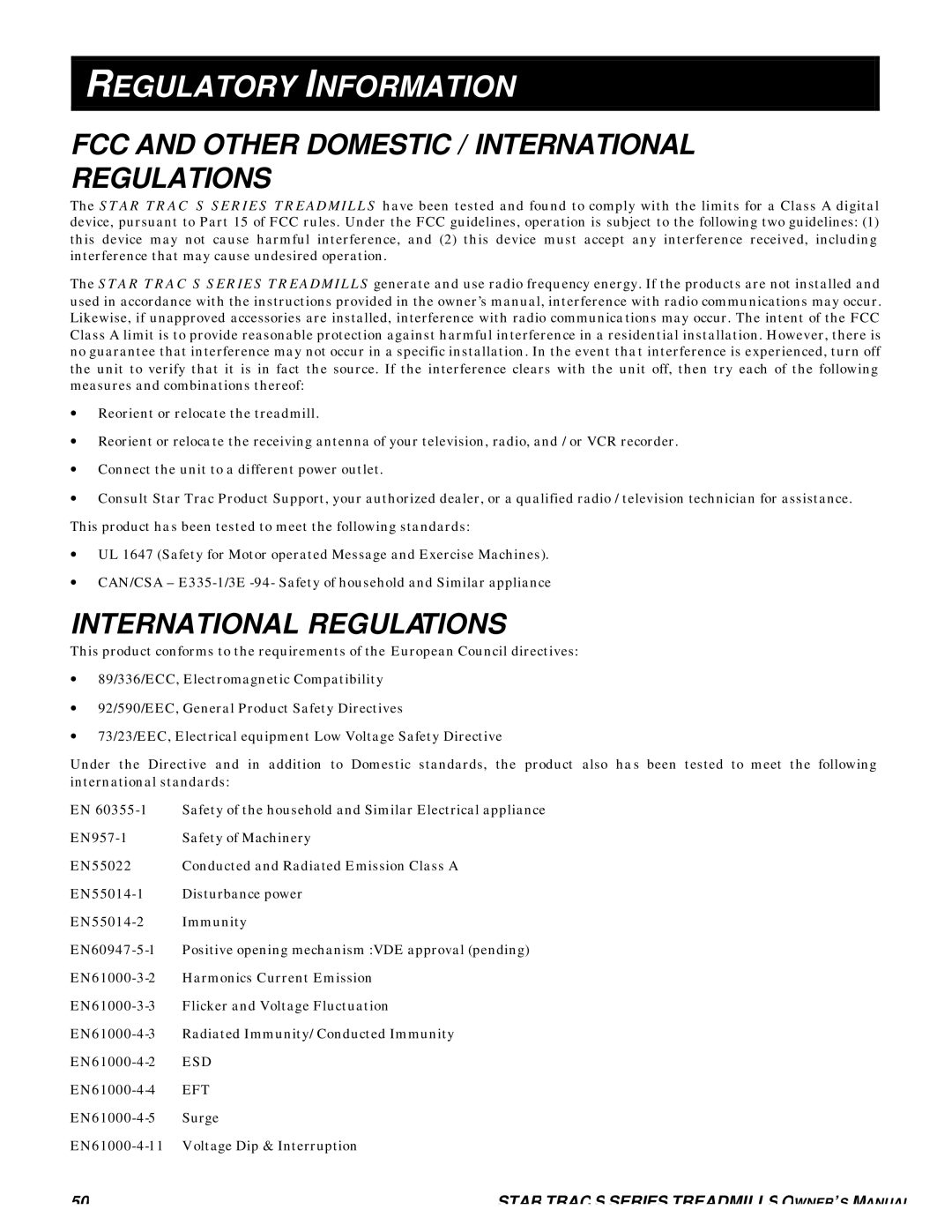 Star Trac S-TRX, S-TRC manual Regulatory Information, FCC and Other Domestic / International Regulations, Esd, Eft 