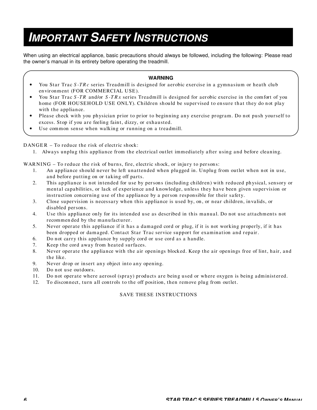 Star Trac S-TRX, S-TRC manual Important Safety Instructions 