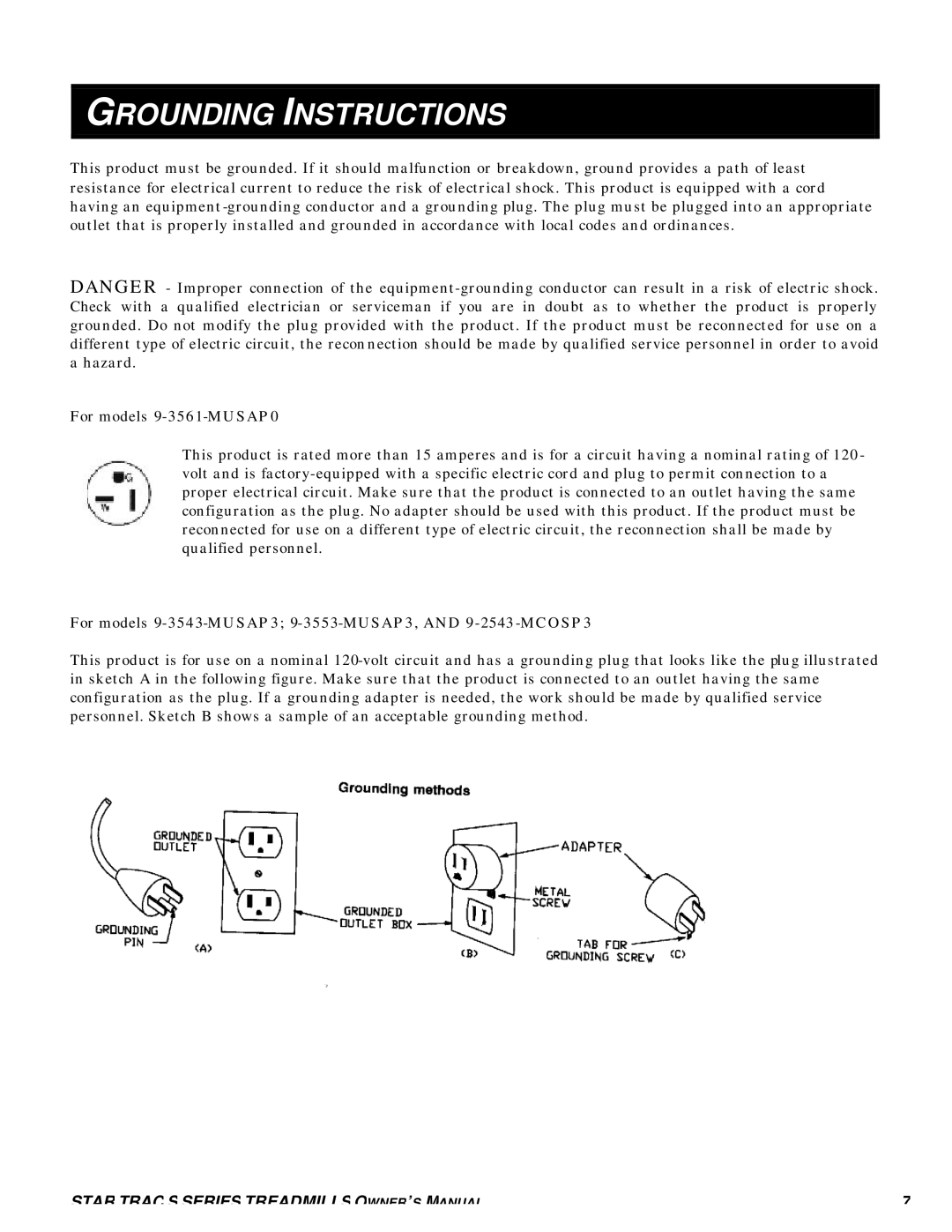 Star Trac S-TRC, S-TRX manual Grounding Instructions, For models 9-3561-MUSAP0 