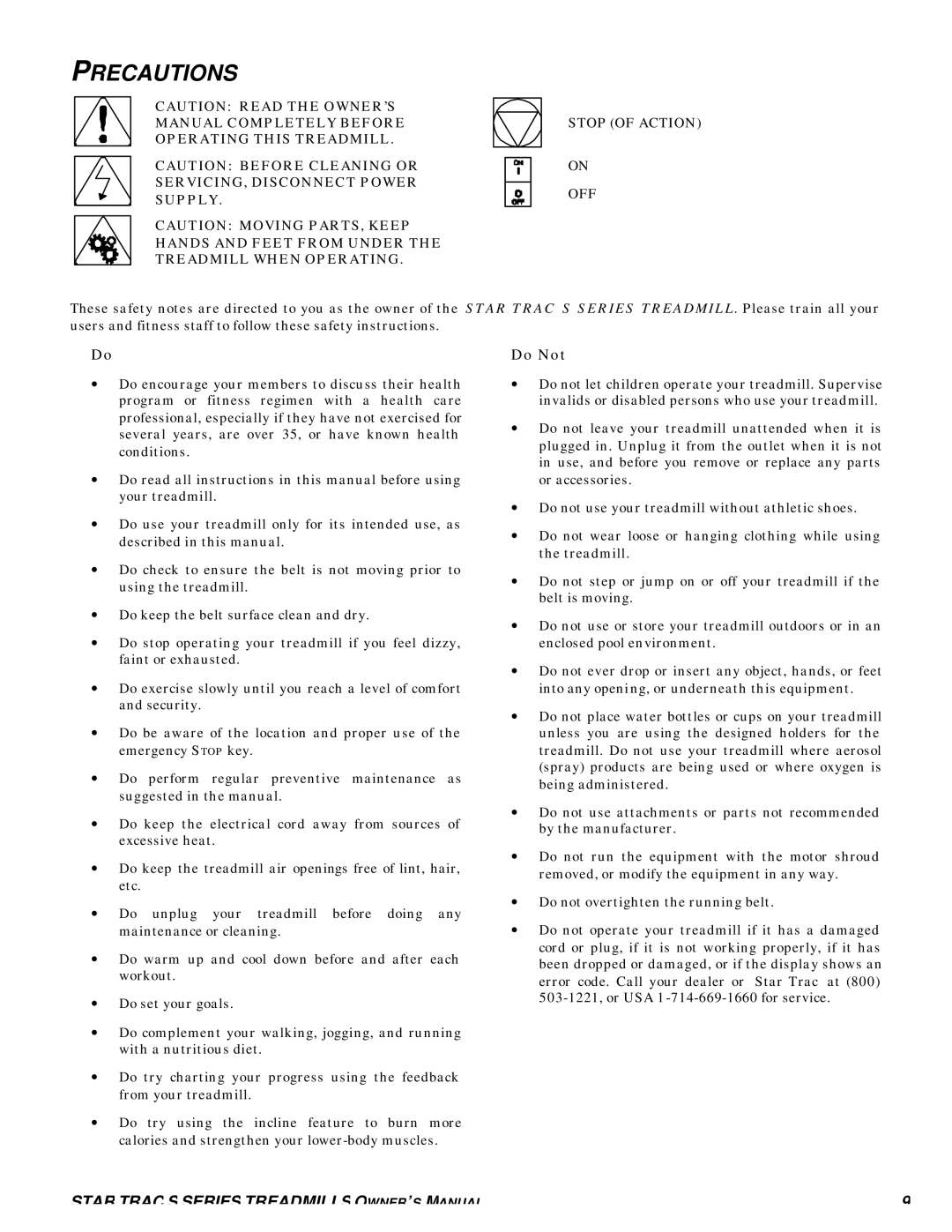 Star Trac S-TRC, S-TRX manual Precautions, Do Not, Stop of Action, Off 