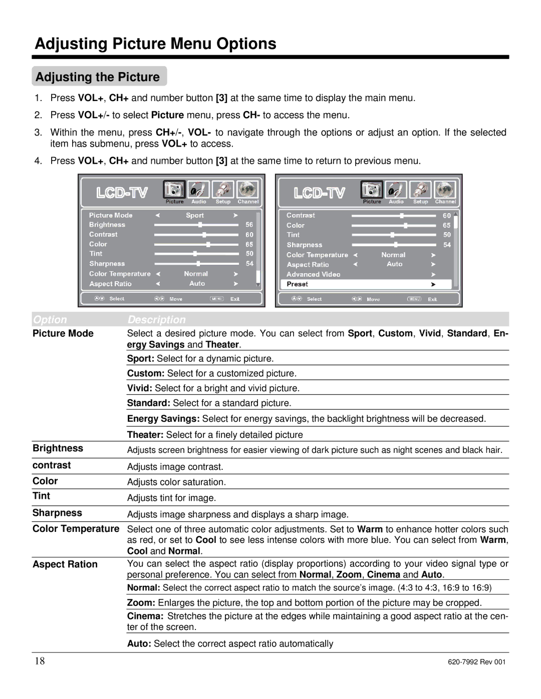 Star Trac S-UBX, S-RBX manual Adjusting Picture Menu Options, Adjusting the Picture 