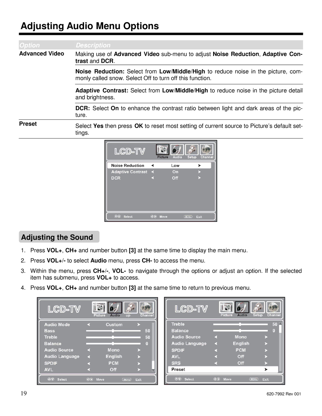 Star Trac S-RBX, S-UBX manual Adjusting Audio Menu Options, Adjusting the Sound, Advanced Video, Preset 