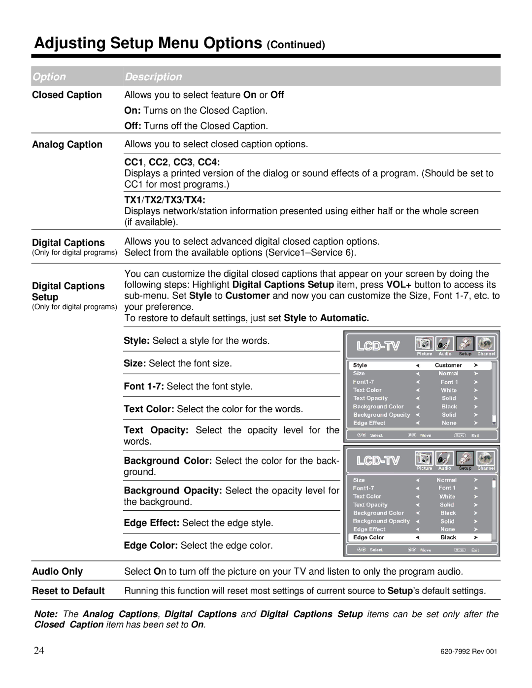 Star Trac S-UBX, S-RBX manual Closed Caption, Analog Caption, CC1, CC2, CC3, CC4, TX1/TX2/TX3/TX4, Digital Captions 