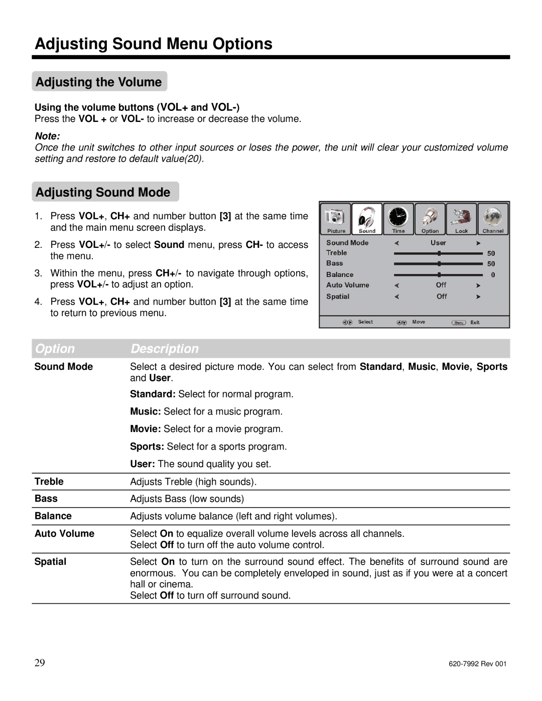 Star Trac S-RBX, S-UBX manual Adjusting Sound Menu Options, Adjusting the Volume, Adjusting Sound Mode 