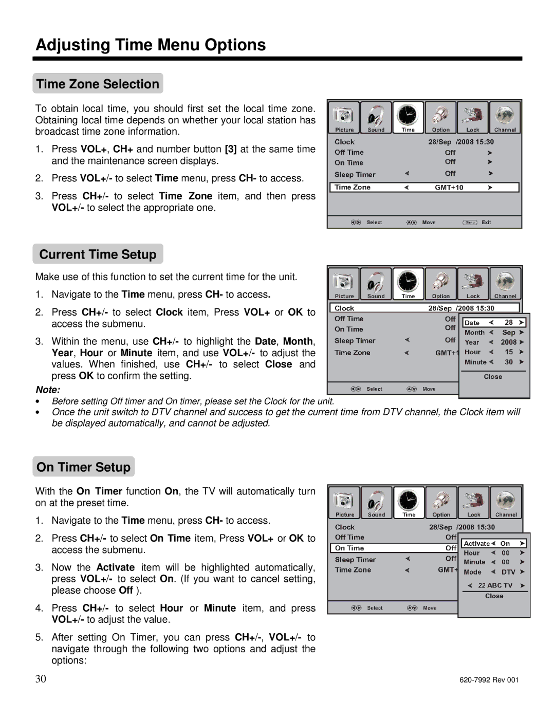 Star Trac S-UBX, S-RBX manual Adjusting Time Menu Options, Time Zone Selection, Current Time Setup, On Timer Setup 