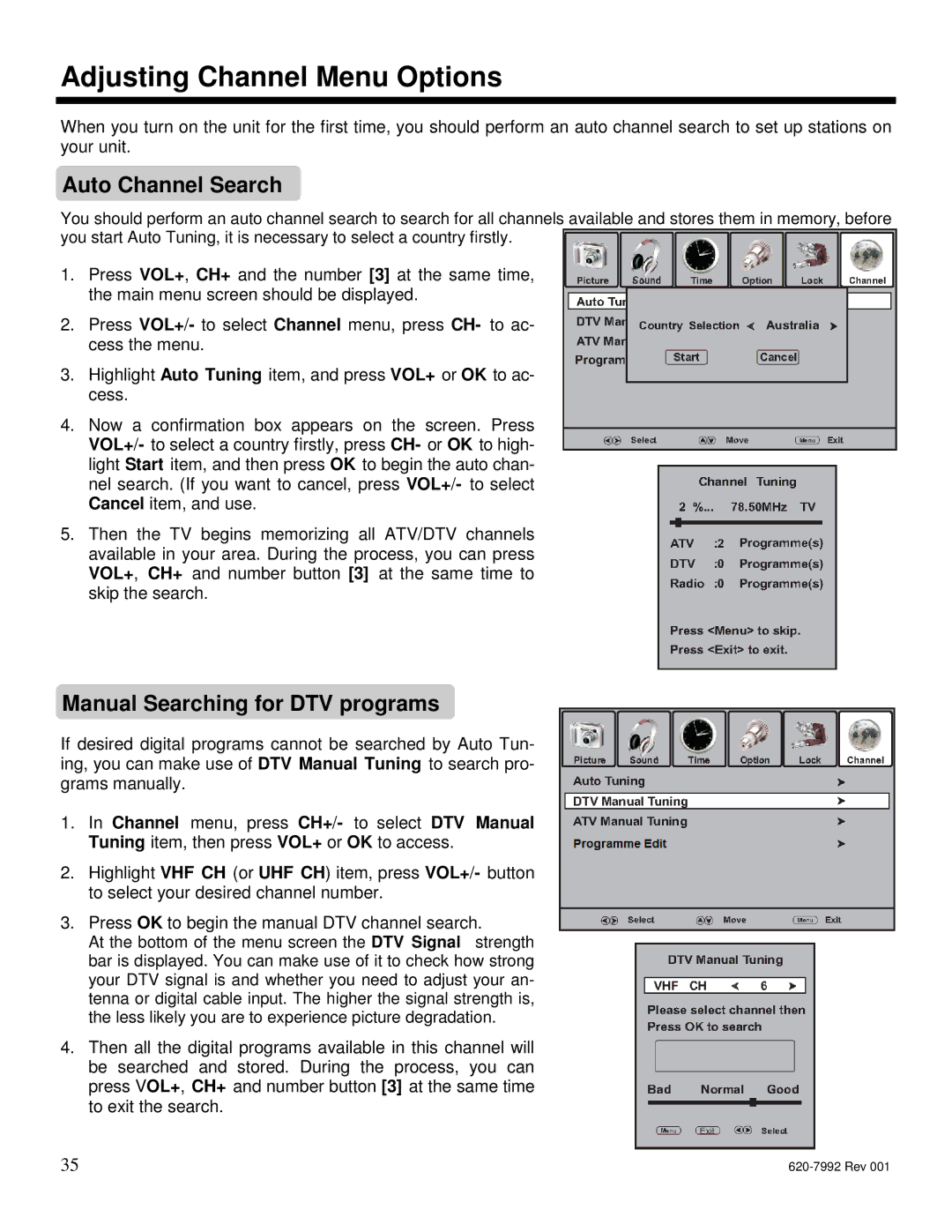 Star Trac S-RBX, S-UBX manual Auto Channel Search, Manual Searching for DTV programs 