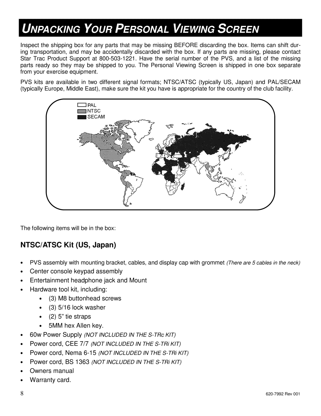 Star Trac S-UBX, S-RBX manual Unpacking Your Personal Viewing Screen, NTSC/ATSC Kit US, Japan 