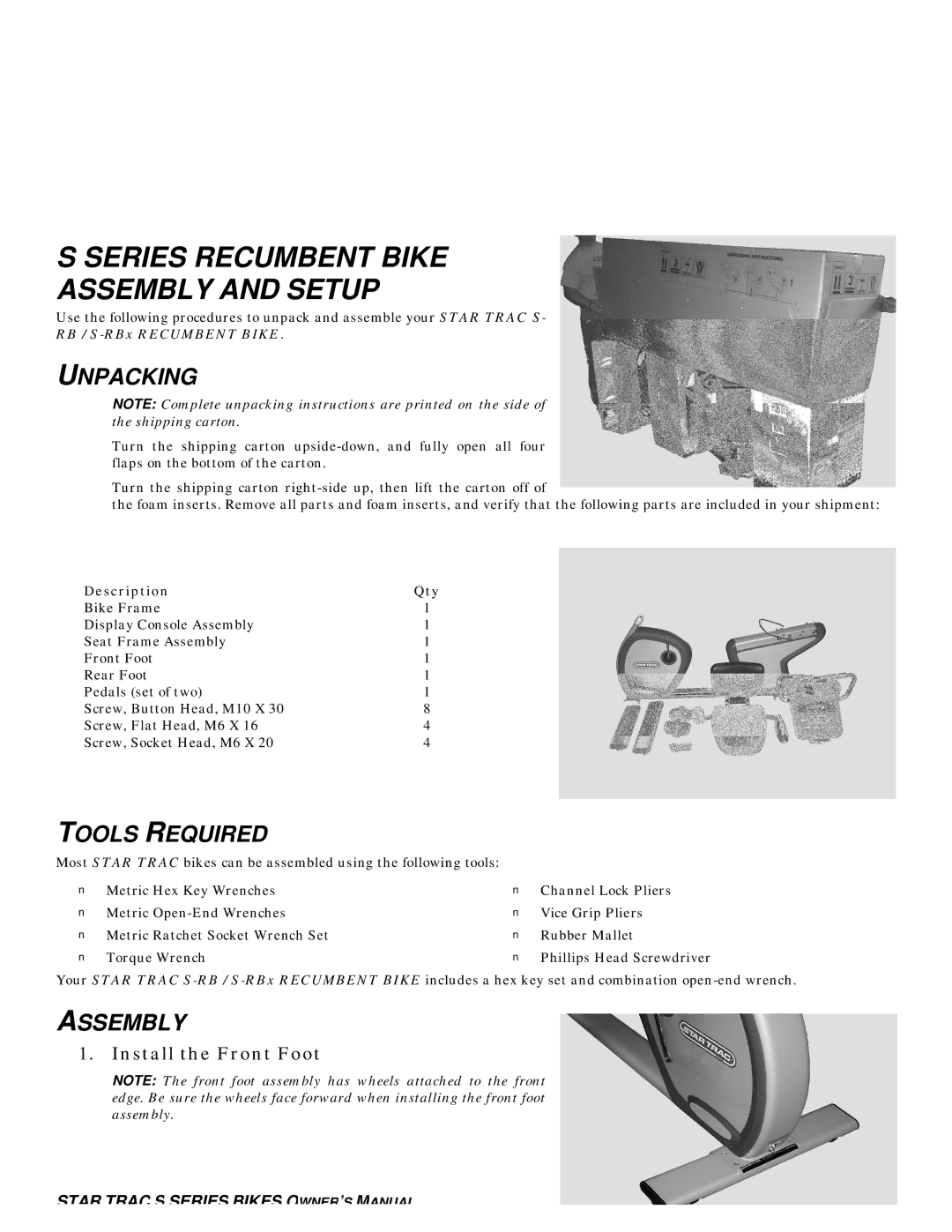 Star Trac S-UB UPRIGHT BIKE, S-UBX UPRIGHT BIKE, S-RB RECUMBENT BIKE Series Recumbent Bike Assembly and Setup, Unpacking 