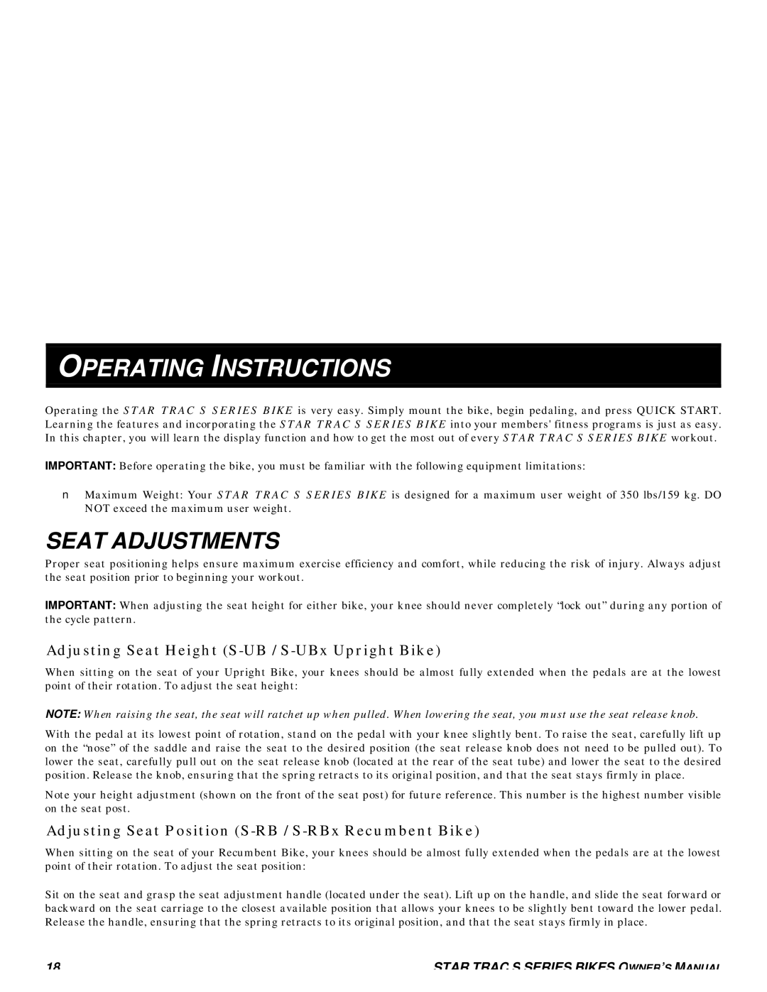 Star Trac S-RBX RECUMBENT BIKE Operating Instructions, Seat Adjustments, Adjusting Seat Height S-UB / S-UBx Upright Bike 