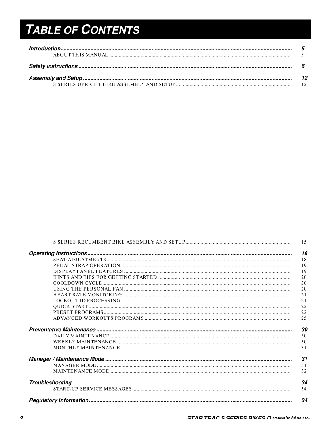 Star Trac S-RBX RECUMBENT BIKE, S-UBX UPRIGHT BIKE, S-RB RECUMBENT BIKE, S-UB UPRIGHT BIKE manual Table of Contents 