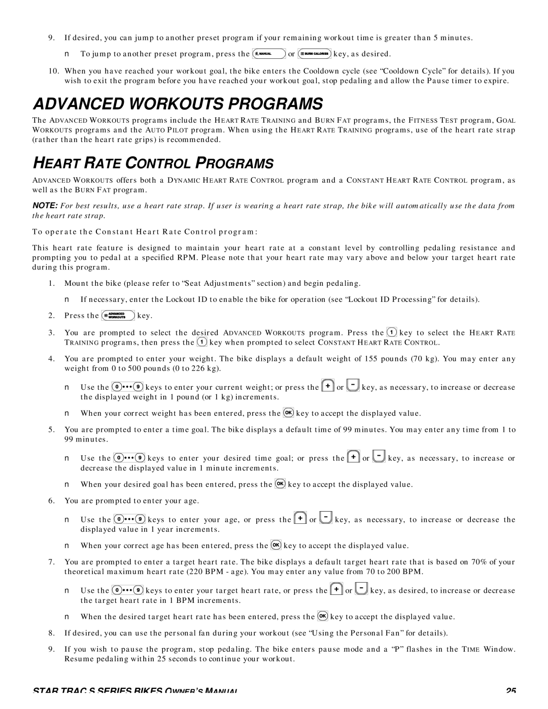 Star Trac S-RB RECUMBENT BIKE, S-UBX UPRIGHT BIKE manual Advanced Workouts Programs, Heart Rate Control Programs 