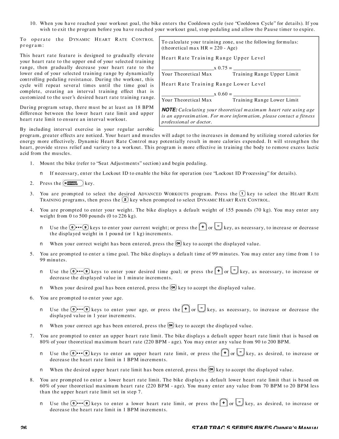 Star Trac S-RBX RECUMBENT BIKE manual Program, Heart Rate Training Range Upper Level, Heart Rate Training Range Lower Level 